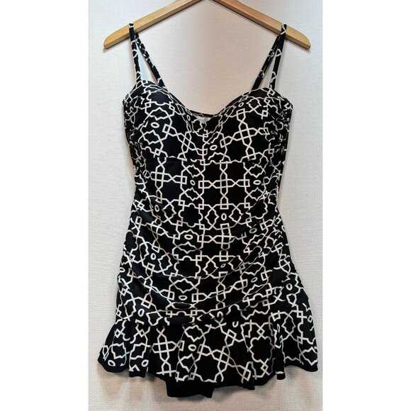 Profile By Gottex Women's One Piece Swimsuit Size 14 Black White Geo Sleeveless - Picture 1 of 10